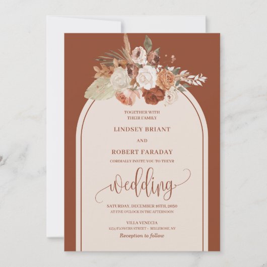 Whimsical Copper Pampas Grass Boho Wedding Invite 招待状 (正面)