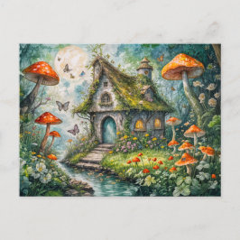 Whimsical Cottage by Stream with Giant Red Mushroo ポストカード