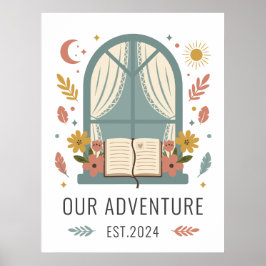 Whimsical Cottage Flowers Window Illustration ポスター