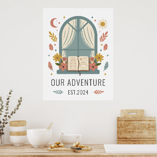 Whimsical Cottage Flowers Window Illustration ポスター