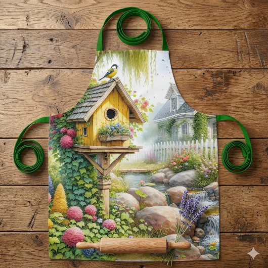 Whimsical Cottage Garden Birdhouse Stream エプロン