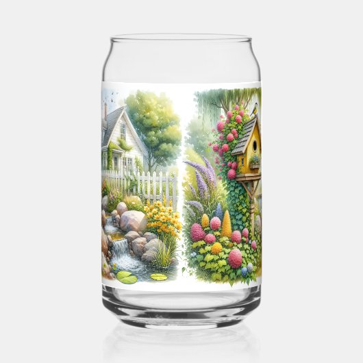 Whimsical Cottage Garden Birdhouse Stream ガラス缶 (左)