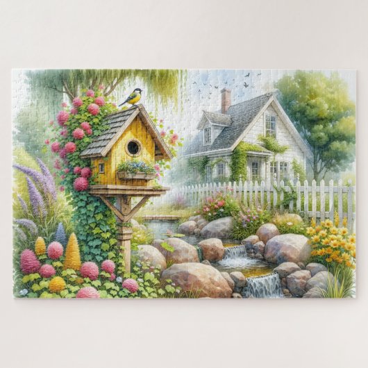 Whimsical Cottage Garden Birdhouse Stream ジグソーパズル (横)