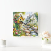 Whimsical Cottage Garden Birdhouse Stream スクエア壁時計 (ホーム)
