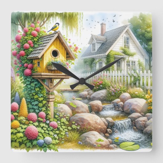 Whimsical Cottage Garden Birdhouse Stream スクエア壁時計 (正面)