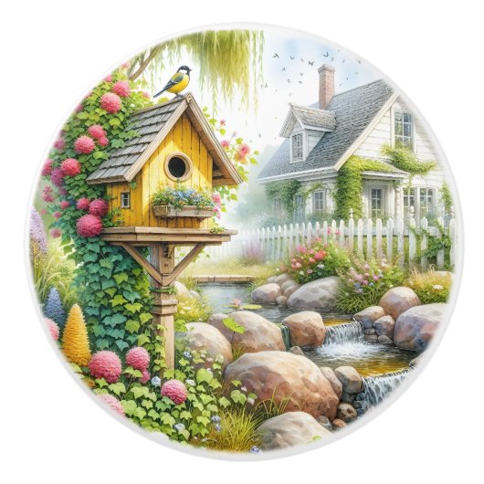 Whimsical Cottage Garden Birdhouse Stream セラミックノブ (正面)