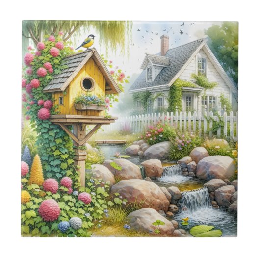 Whimsical Cottage Garden Birdhouse Stream タイル (正面)