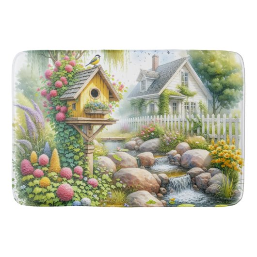 Whimsical Cottage Garden Birdhouse Stream バスマット (正面)