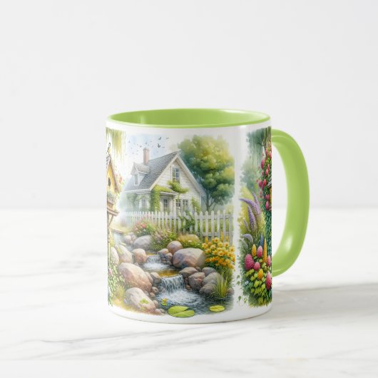 Whimsical Cottage Garden Birdhouse Stream マグカップ (正面右)