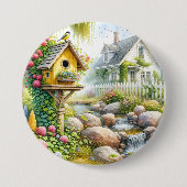 Whimsical Cottage Garden Birdhouse Stream 缶バッジ (正面)