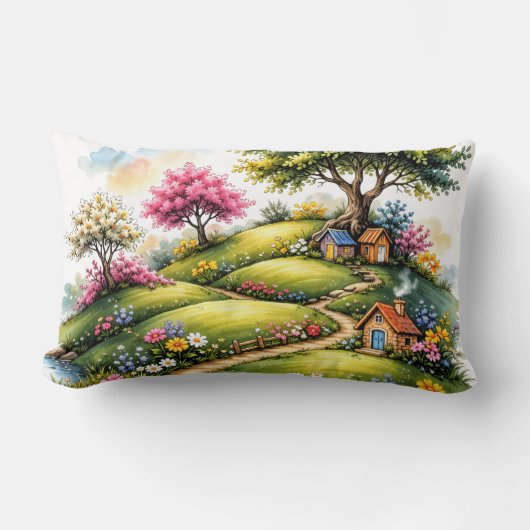 Whimsical Cottage Garden Landscape Art ランバークッション (正面)