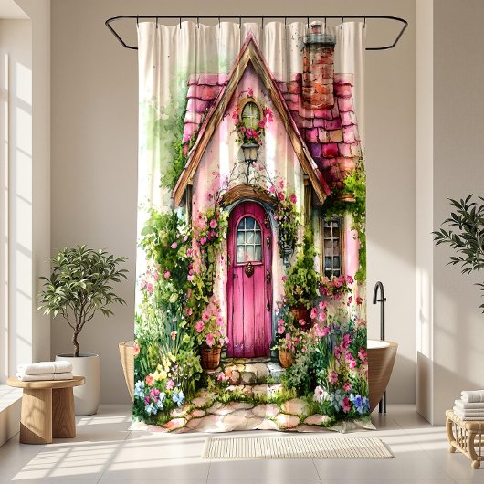 Whimsical Cottage Garden Pink House | シャワーカーテン