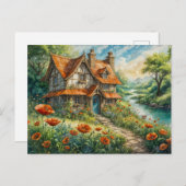 Whimsical Cottage with Poppy Flowers ポストカード (正面/裏面)