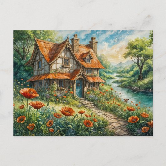 Whimsical Cottage with Poppy Flowers ポストカード (正面)