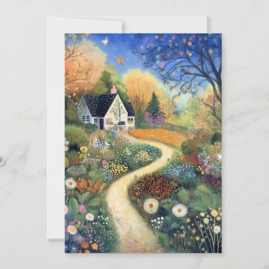 Whimsical Country Cottage Scene Hello Flat カード (正面)