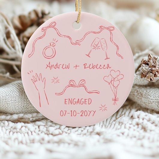 Whimsical couple engaged handdrawn doodle keepsake セラミックオーナメント