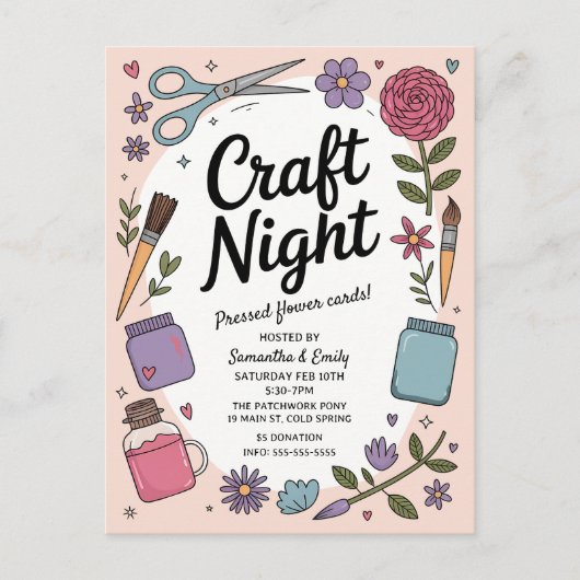 Whimsical Craft Night Fun Scissors Paint Flowers ポストカード (正面)