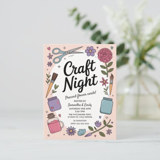 Whimsical Craft Night Fun Scissors Paint Flowers ポストカード (スタンド正面)