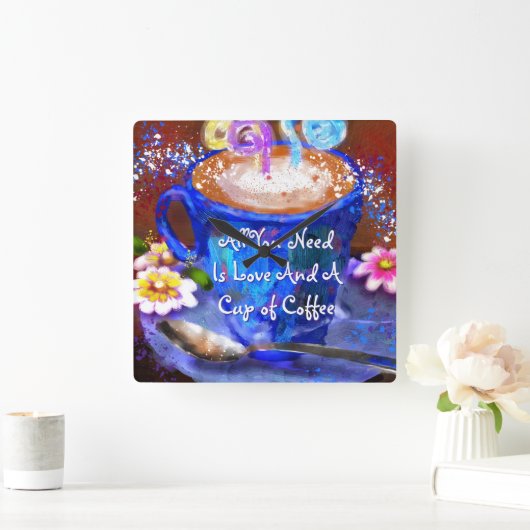 Whimsical Cup of Coffee Floral Personalized スクエア壁時計 (ホーム)