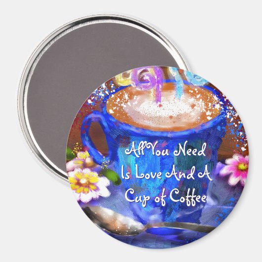Whimsical Cup of Coffee Floral Personalized マグネット (正面/裏面)
