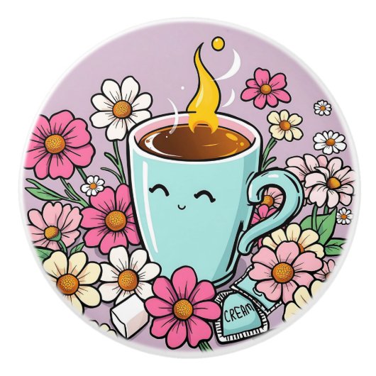 Whimsical Cup of Warm Coffee and Flowers セラミックノブ (正面)