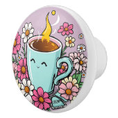 Whimsical Cup of Warm Coffee and Flowers セラミックノブ (右)