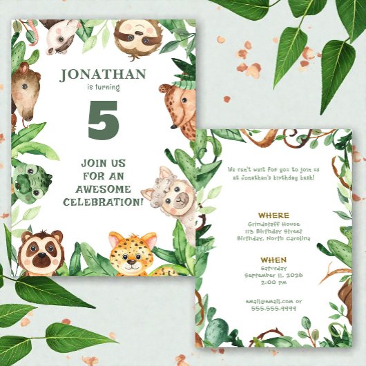 Whimsical Custom Animal Jungle Birthday Invitation 招待状