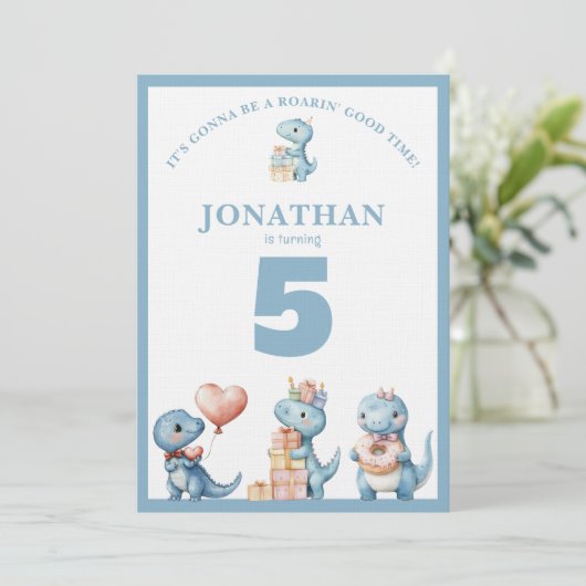 Whimsical Custom Blue Dinosaur Birthday Invitation 招待状 (スタンド正面)