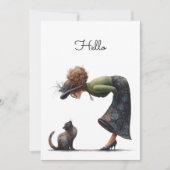 Whimsical Cute Cat and Lady Hello Flat カード (正面)