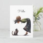 Whimsical Cute Cat and Lady Hello Flat カード (スタンド正面)