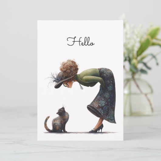 Whimsical Cute Cat and Lady Hello Flat カード (スタンド正面)