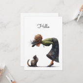 Whimsical Cute Cat and Lady Hello Flat カード (正面/裏面インサイチュ)