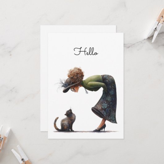 Whimsical Cute Cat and Lady Hello Flat カード (正面/裏面インサイチュ)