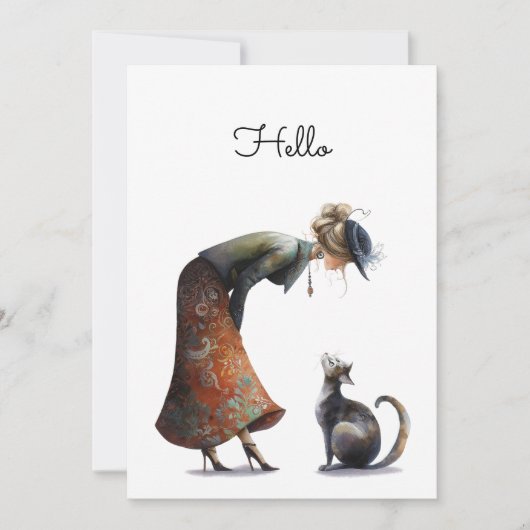 Whimsical Cute Cat and Lady Hello Flat カード (正面)