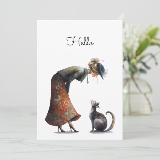 Whimsical Cute Cat and Lady Hello Flat カード (スタンド正面)