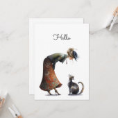 Whimsical Cute Cat and Lady Hello Flat カード (正面/裏面インサイチュ)
