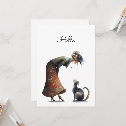 Whimsical Cute Cat and Lady Hello Flat カード (正面/裏面インサイチュ)