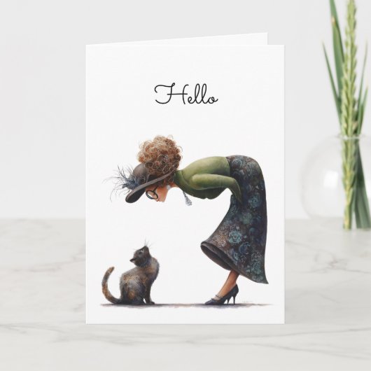 Whimsical Cute Cat and Lady Hello Greeting カード (正面)