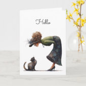 Whimsical Cute Cat and Lady Hello Greeting カード (黄色い花)