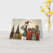 Whimsical Cute Cat with Christmas Gifts and Tree  カード (黄色い花)