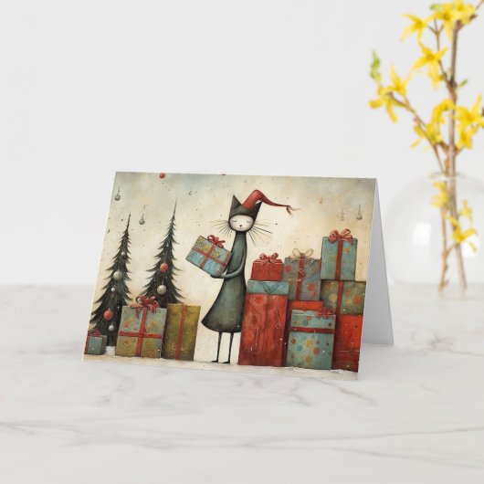Whimsical Cute Cat with Christmas Gifts and Tree  カード (黄色い花)