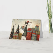 Whimsical Cute Cat with Christmas Gifts and Tree  カード (正面)