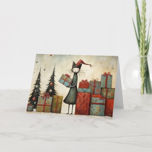 Whimsical Cute Cat with Christmas Gifts and Tree  カード (正面)