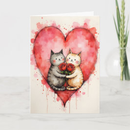 Whimsical Cute Cats Valentine Hearts and Red Roses カード