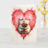 Whimsical Cute Cats Valentine Hearts and Red Roses カード (黄色い花)