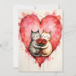 Whimsical Cute Cats Valentine Hearts and Red Roses カード