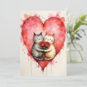 Whimsical Cute Cats Valentine Hearts and Red Roses カード (スタンド正面)