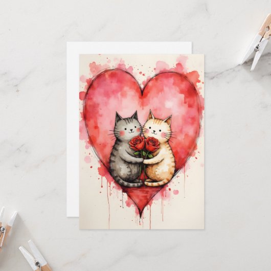 Whimsical Cute Cats Valentine Hearts and Red Roses カード (正面/裏面インサイチュ)