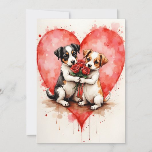 Whimsical Cute Dogs Valentine Hearts and Red Roses カード (正面)