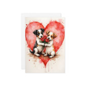 Whimsical Cute Dogs Valentine Hearts and Red Roses カード (正面/裏面インサイチュ)